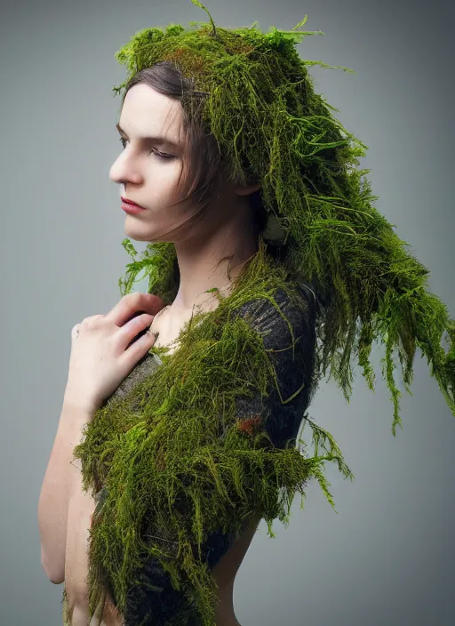 Image similar to a photo of a female model, organic headpiece, fern, vines, horn, moss, fashion photography, realistic, hyperdetails, dark grey backdrop studio, body covered in moss and tree bark texture