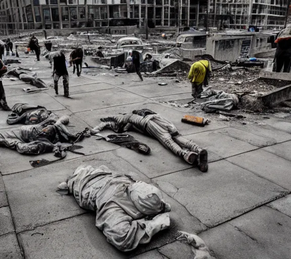 Image similar to a cement pavement with many people laying dead in an urban apocalyptic setting, photograph, HD, cinematic