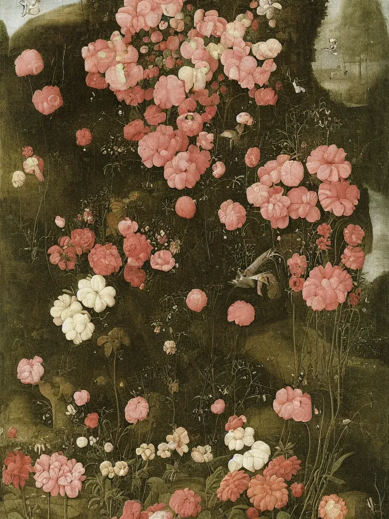 Image similar to beautiful large flowers in a garden, in the style of hieronymus bosch,