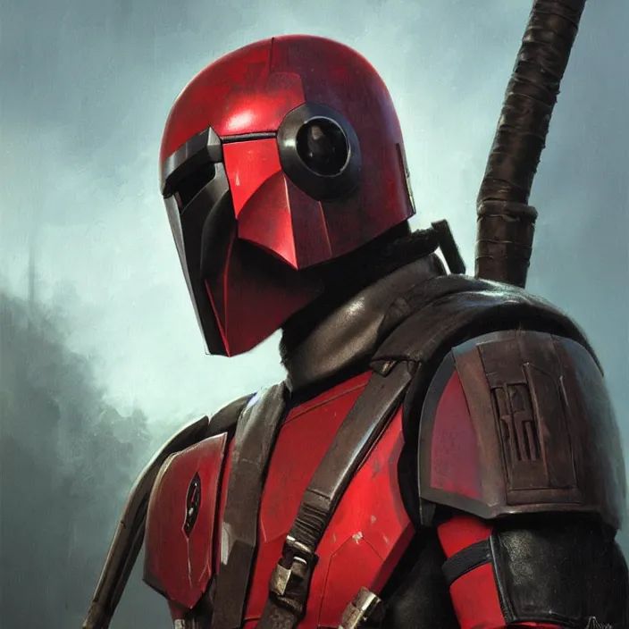 Prompt: a mandalorian helmet in the style of deadpool, futuristic, late afternoon light, by greg rutkowski and ruan jia