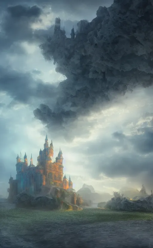 Prompt: detailed digital matte painting of a floating castle made of crystal glowing on an enchanted island at the end of a muted rainbow path, complex cumulus clouds, dusk, romanesque architecture, long strongs of smoke, flowing magical energy, hyperdetailed, volumetric lighting, octane render, smooth, 8 k