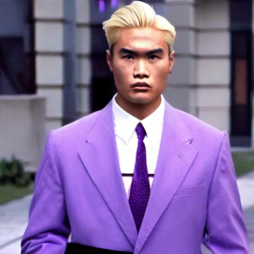 Prompt: a film still of a asian man with blonde hair wearing a purple suit in American Psycho(2000)