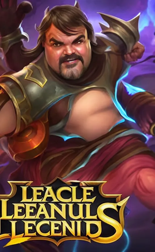 Image similar to Jack Black as a character in the game League of Legends, with a background based on the game League of Legends, detailed face, old 3d graphics