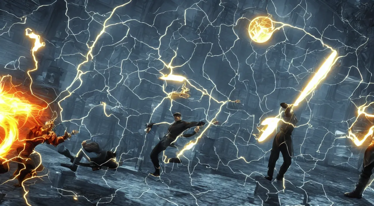 Prompt: nikola tesla vs thomas edison in a screenshot from the mortal kombat videogame