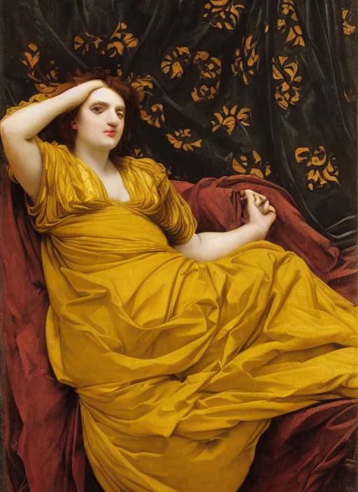 Image similar to masterpiece hybrid portrait of hybrid of sarah siddons and lisa minelli, reclining on bed, flowing cloth floating in the wind, wearing yellow ochre ornate medieval dress, vertical, foreshortening, colour photography by frederic leighton, william morris, 8 k