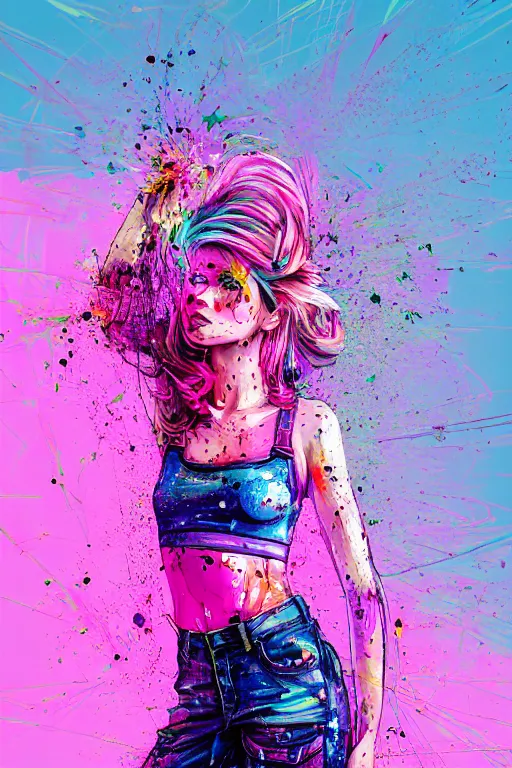 Image similar to a award winning half body portrait of a beautiful woman in a croptop and cargo pants with ombre purple pink teal hairstyle and hands in pockets by ari liloan, surrounded by whirling illuminated lines, paint splashes and splatter, outrun, vaporware, shaded flat illustration, digital art, trending on artstation, highly detailed, fine detail, intricate