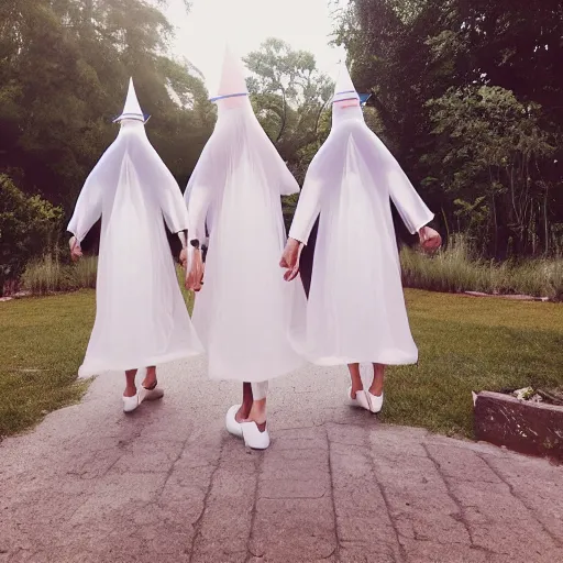 Image similar to photo of wearing pointed hats, translucent dresses, two freaky levitating twin nuns