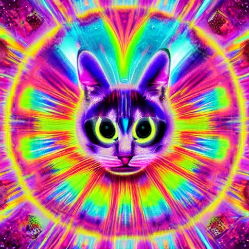 Image similar to psychedelic Lisa frank psychic cat overtaking the world which begins to shatter all around it as it opens its third eye for the first time chromatic aberration in the rising pieces of the crumbling earth