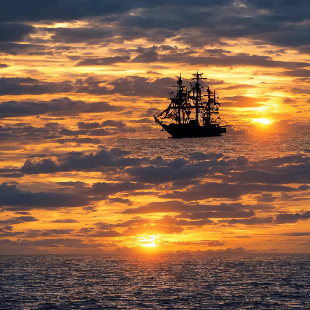 Image similar to beautiful sunset over the ocean with the silhouette of a pirate ship in the center, award winning photography