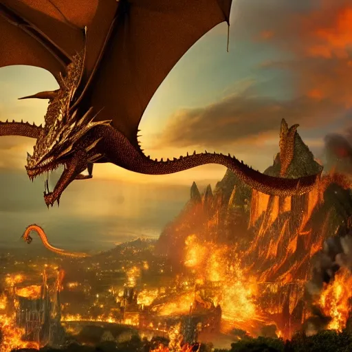 Image similar to Smaug the dragon flying over lake town The Hobbit