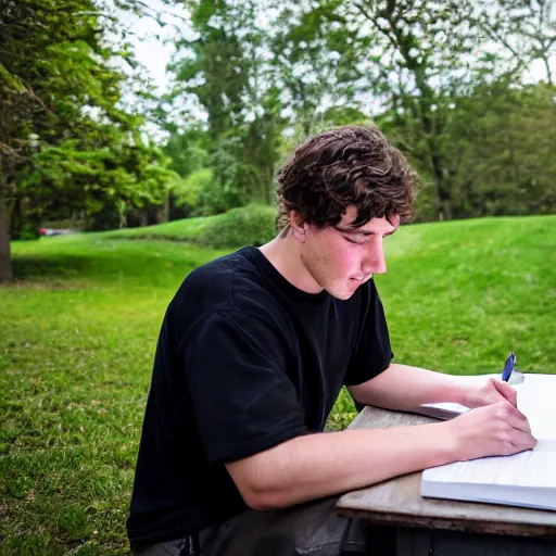 Prompt: Ethan Smith writing his next guide, (EOS 5DS R, ISO100, f/8, 1/125, 84mm, postprocessed, perfect picture, facial features)