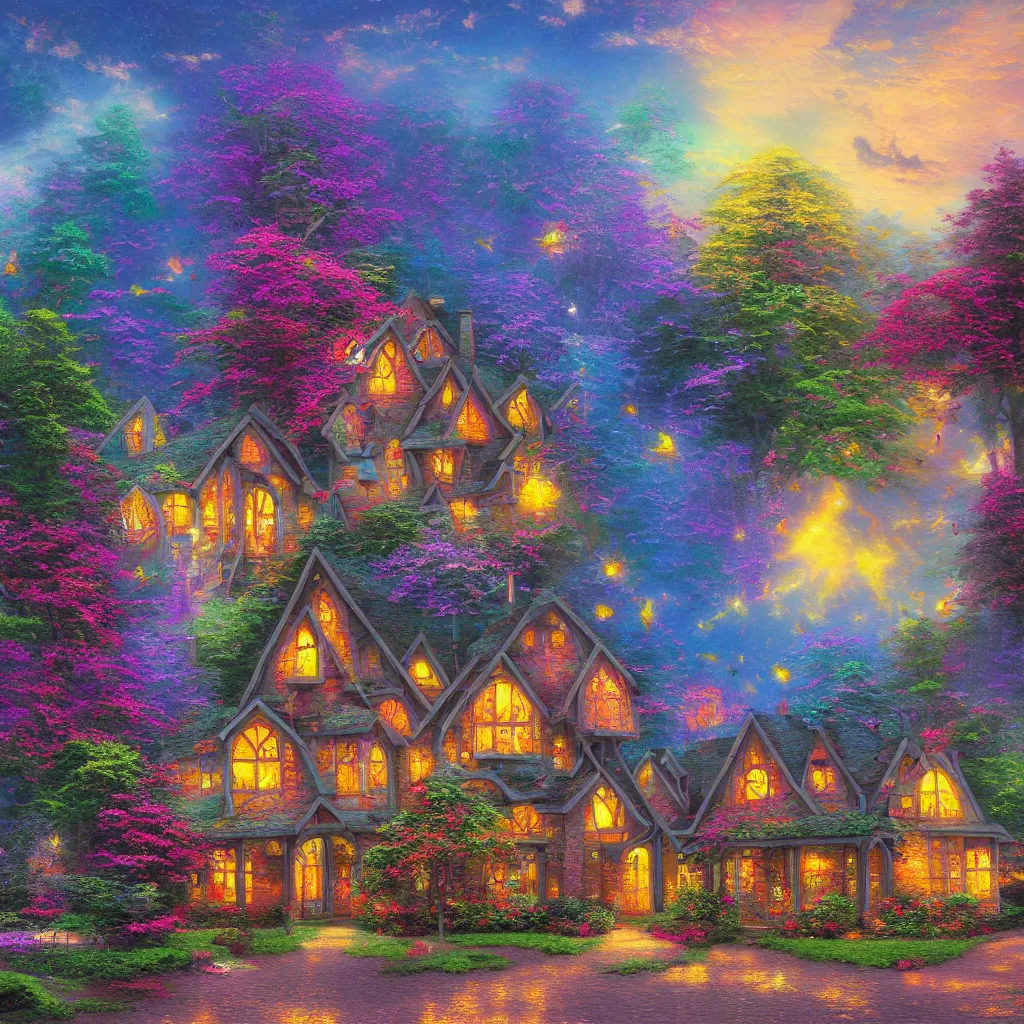 Prompt: Abstract psychedelic house by Thomas Kinkade, modern art, stylish, high quality, 4k