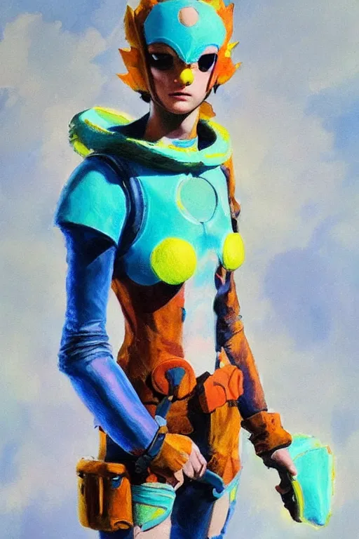 Prompt: a character wearing a diy costume with fluo colored details, muted colors, nausicaa, hyper real painting