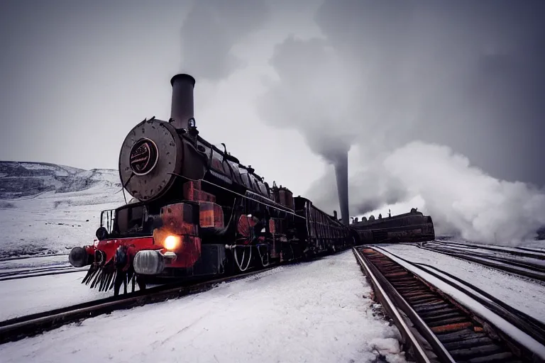 Image similar to an old steam engine is rushing through the snow storm in high speed, white steam on the side, and dark smoke with fire from the pipes, dynamic angled shot, low angle, wide shot, speed lines, fire particles and snowflakes everywhere, 8k, hyperrealistic, ultra sharp, octane render, unreal engine, light breaks through the sky, epic mountains in the background, artstation, very detailed, 16k, cinematic scenery,