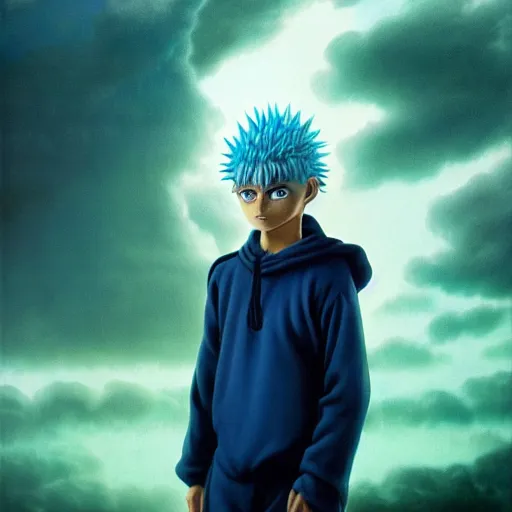 Prompt: killua zoldyck made by zdzisław beksinski, thunderstorm, lighting, blue, pose, 8 k, detailed, high quality, 8 k, detailed face, spiky hair, light, face with detail