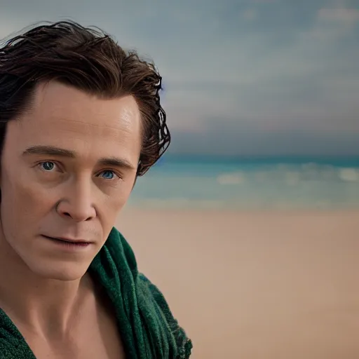 Image similar to portrait of a young loki, beach pic, depth of field, zeiss lens, detailed, symmetrical, centered, fashion photoshoot, by annie leibovitz and steve mccurry, david lazar, jimmy nelsson, breathtaking, 8 k resolution, extremely detailed, beautiful, establishing shot, artistic, hyperrealistic, beautiful face, octane render