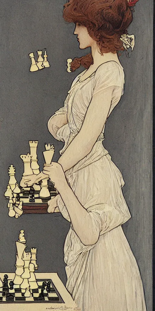 Image similar to a young edwardian woman playing chess, in the style of mucha