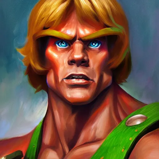 Image similar to portrait painting of he - man in style of kenne gregoire, 4 k,, highly detailed, epic lighting