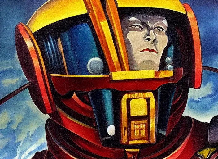 Image similar to Art Deco painting portrait of space-marine high detail warhammer 40k