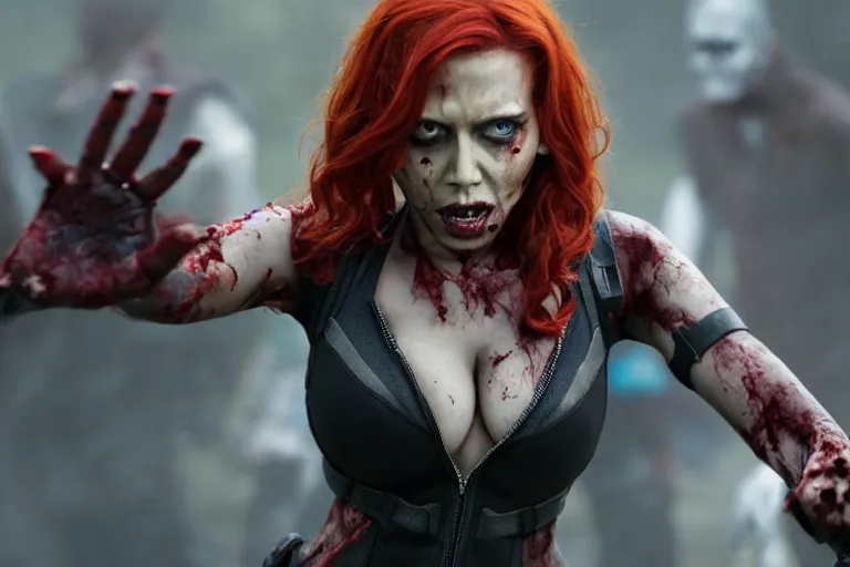 Prompt: film still of zombie zombie Black Widow as a zombie in new avengers movie, 4k