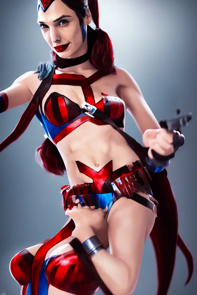 Image similar to Gal Gadot As Harley Quinn, Playboy Centerfold, Full Figure, 8K, octane render, HDR, photorealistic, volumetric lighting, Hyperrealistic