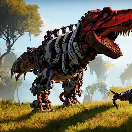 Prompt: cinematic still of horizon zero dawn, si - fi robotic tyrannosaurus rex, highly detailed