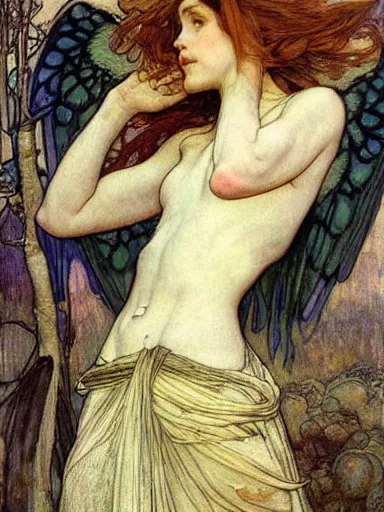 Image similar to a painting of a beautiful angel by rebecca guay and by john william waterhouse and by arthur rackham and by alphonse mucha, art noveau, detailed, proportional