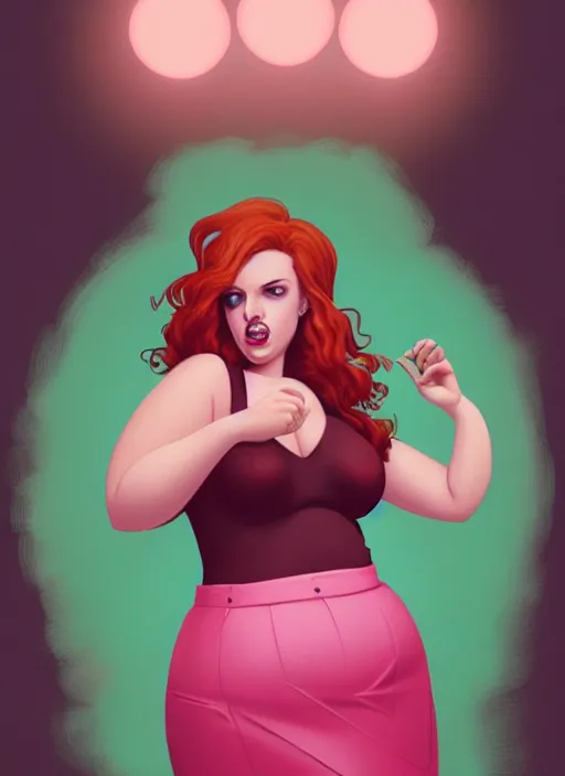 Image similar to full body portrait of teenage cheryl blossom, obese, bangs, green eyes, sultry expression, red hair, sultry smirk, bangs and wavy hair, pink skirt, fat, intricate, elegant, glowing lights, highly detailed, digital painting, artstation, concept art, smooth, sharp focus, illustration, art by wlop, mars ravelo and greg rutkowski