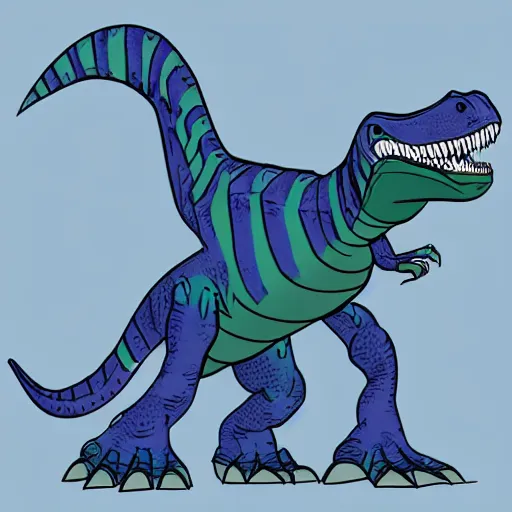 Image similar to a stylized blue t - rex dinosaur with darker blue stripes in an adult cartoon rough style