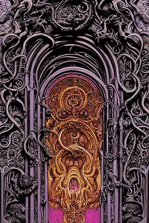 Prompt: art nouveau baroque architecture, demonic lovecraftian mouth gateway doorway portal to infernal hell, ornate stonework, made of bone and teeth, hyperdetailed cosmic gems, volumetric lighting, sigils, magenta and green color palette, wayne barlowe , moebius, yoshitako amano