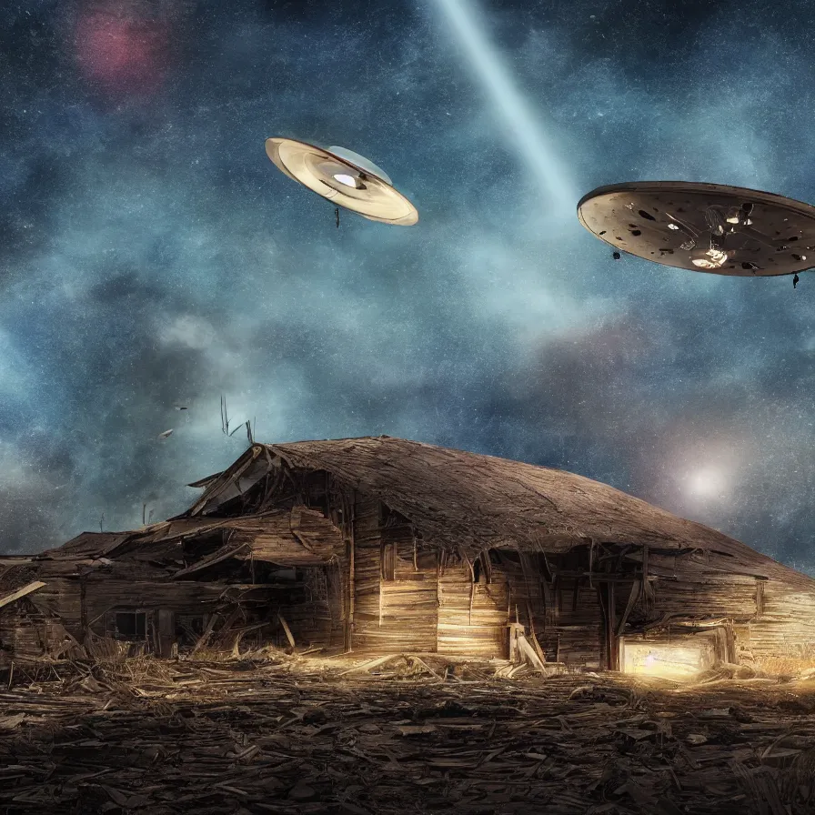 Image similar to a ufo floats over a broken barn, debris floats upwards, volumetric lighting, night, photorealistic rendering, color palette, 8 k, hyperdetailed