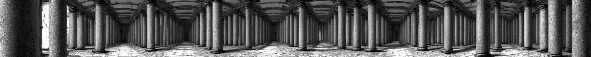 Image similar to photo of an immersive forgotten panopticon well, with columns and destroyed cybernetics from an ancient civilization, photorealistic, higly detailed dark, 3 6 0 picture, panorama, 3 5 mm slide, trending on flickr, in the style of, by francesca woodman, zachary corzine, zhelong xu, greg rutkowski and anders zorn