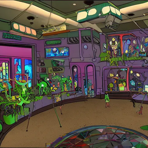 Image similar to inside the lobby of a zoo for tiny alien creatures, tiny cages, highly detailed, 3d, rick and morty style