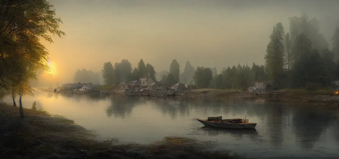 Image similar to concept art of a peaceful fishing village on a river in finland, dawn, atmospheric, hazy