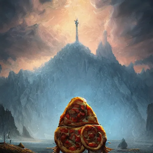 Image similar to ultra realistic illustration of giant made of pizza, pizza body, intricate, fantasy italy, epic landscape, highly detailed, digital painting, artstation, concept art, smooth, sharp focus, illustration, art by tim mcburnie and conar cross and anato finnstark