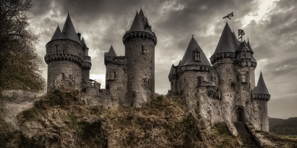 Image similar to a castle, fantasy, hyper realistic, dramatic lighting, cinematic, 35mm lens, 8k,