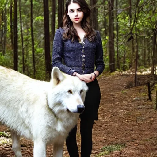 Image similar to adelaide kane standing next to a large white wolf in a forest