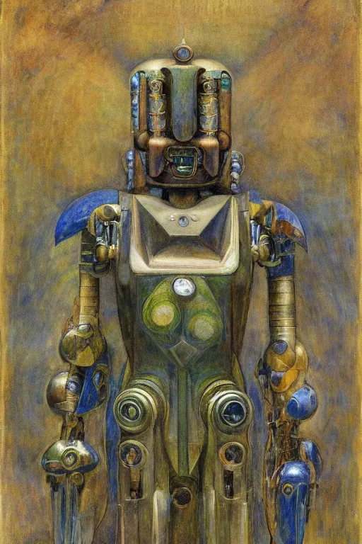 Image similar to the robot in his regalia, by Annie Swynnerton and Diego Rivera and Elihu Vedder, symbolist, dramatic lighting, elaborate geometric ornament, Art Brut, soft blues and greens,smooth, sharp focus, extremely detailed, Adolf Wölfli, octane render