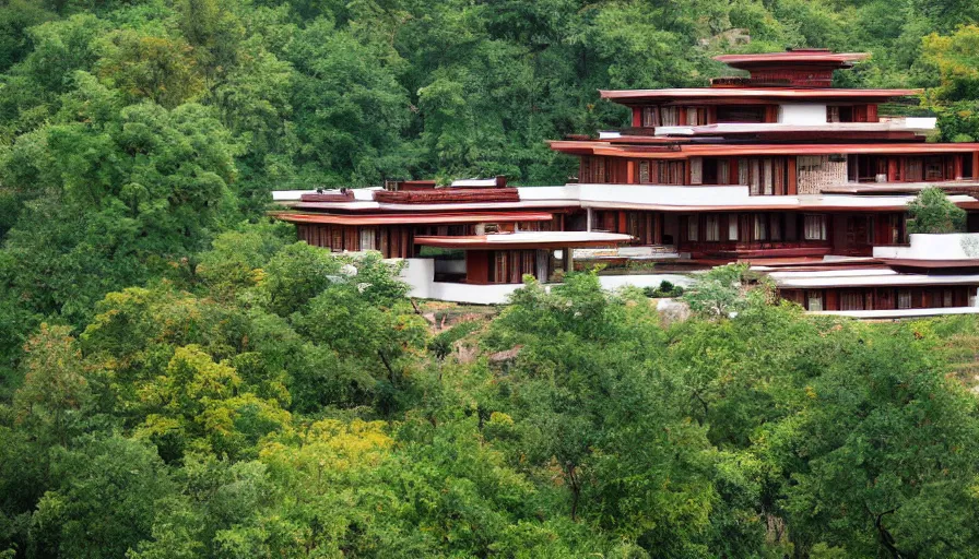 Image similar to tibetan architecture villa, on a green hill, overlooking a valley with trees, frank lloyd wright, le corbeusier, photorealistic, birds eye view