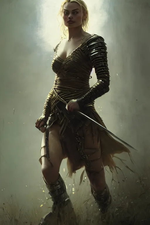 Image similar to young margot robbie, legendary warrior, fighter, lord of the rings, tattoos, decorative ornaments, battle armor, carl spitzweg, ismail inceoglu, vdragan bibin, hans thoma, greg rutkowski, alexandros pyromallis, perfect face, detailed, sharply focused, centered, rule of thirds, photorealistic shading