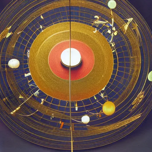 Image similar to a kinetic sculpture of this solar system, sun, orrery, canon 5 d 5 0 mm lens, papier - mache, studio, 1 9 7 6