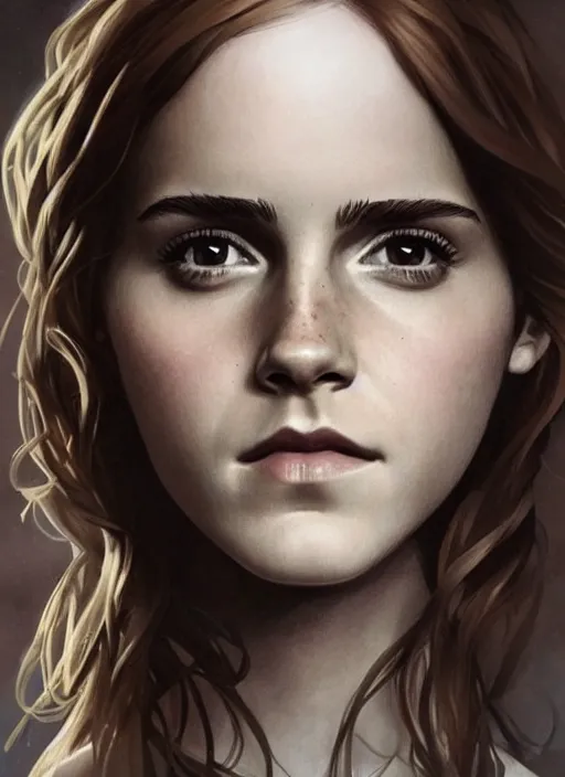 Prompt: emma watson as hermione. beautiful detailed face. by artgerm and greg rutkowski and alphonse mucha