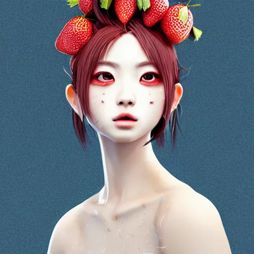 Image similar to the portrait of an absurdly beautiful, graceful, elegant, sophisticated, fashionable young japanese idol made of strawberries and white petals with tears, an ultrafine hyperdetailed illustration by kim jung gi, irakli nadar, intricate linework, bright colors, octopath traveler, final fantasy, unreal engine 5 highly rendered, global illumination, radiant light, detailed and intricate environment