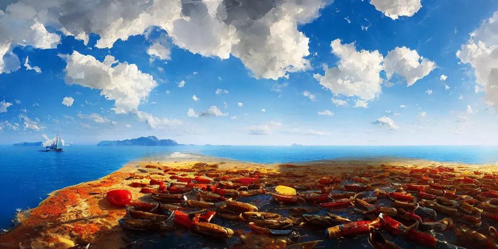 Image similar to Floating spanish paellas over a blue ocean, Darek Zabrocki, Karlkka, Jayison Devadas, Phuoc Quan, trending on Artstation, 8K, ultra wide angle, pincushion lens effect.