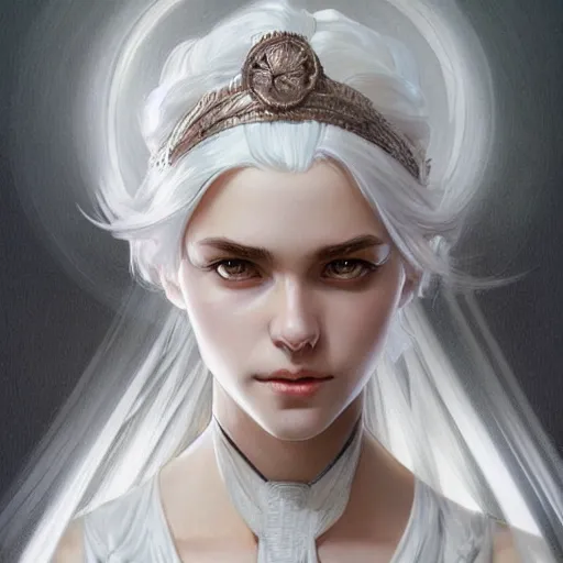 Prompt: minor goddess, white hair, white clothes, highly detailed, digital painting, concept art, artstation, sharp focus, by artgerm and greg rutkowski and alphonse mucha