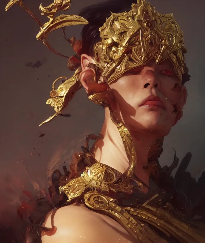 Image similar to excellent painted portrait of the grand demon tyrant, high quality masterpiece painting with detailed face, 4k, trending on artstation, octane render, art by artgerm and greg rutkowski and alphonse mucha and craig mullins and James Jean and Andrei Riabovitchev and Marc Simonetti and peter mohrbacher