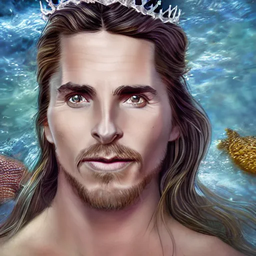 Image similar to christian bale portrait, fantasy, mermaid, hyperrealistic, game character, underwater, highly detailed, sharp focus, cinematic lighting, pearls, glowing hair, shells, gills, crown, water, highlights, starfish, jewelry, realistic, digital art, pastel, magic, fiction, ocean, king, colorful hair, sparkly eyes, fish, heroic, god, waves, bubbles, king