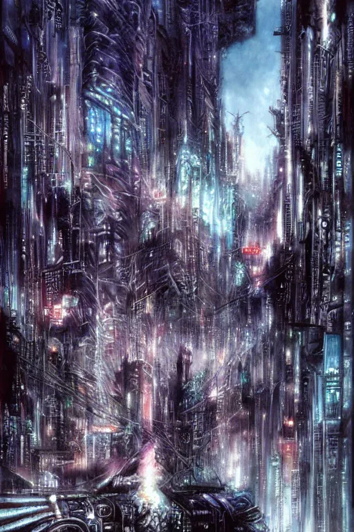 Image similar to dreamwave cyberpunk city, painted by luis royo