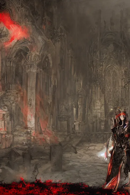 Image similar to Path of Exile, Sirius, bronze face, red eyes, male image with bronze black armor, sitting on the throne, inside the ruined gothic church, black shadows, dark red bloody fog fly around, [[blood]], Anachronism, painting, dark fantasy, steampunk, 4k, perfect quality,