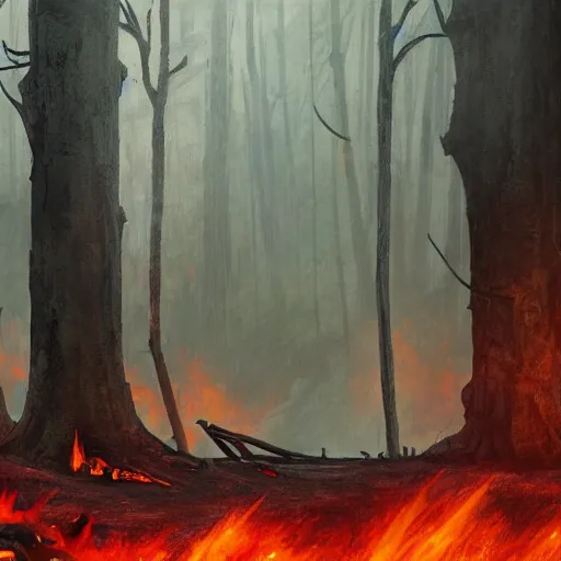 Image similar to darth vader in a burned forest facing away from the camera, concept art by Doug Chiang, cinematic, moody